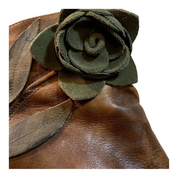 Socofy Distressed Brown Leather Boots with Green Leather 3-D Flower - Size 6 37 - Picture 7 of 14
